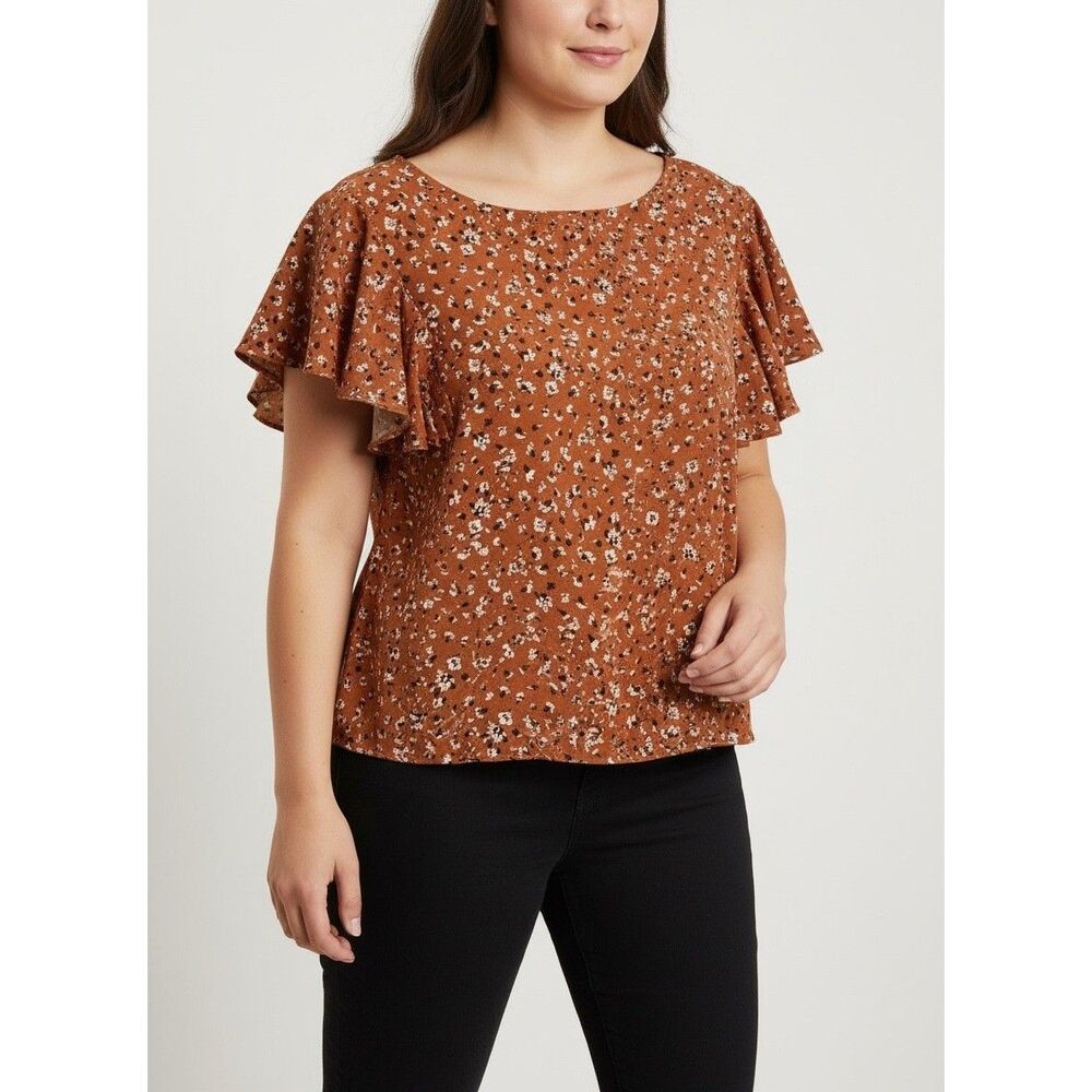 Shein Floral Print Flutter Sleeve Top Women S Rust Orange Casual Top